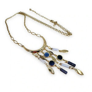White House Black Market Long Necklace Dangle Fringe Gold Blue Adjustabl…